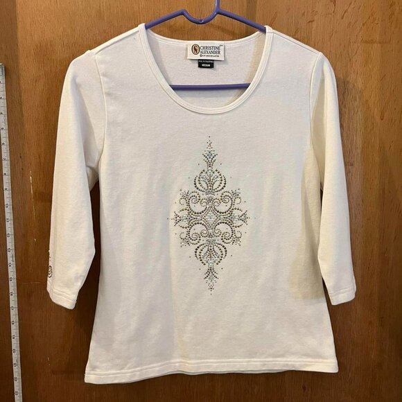 🐻Size M - Christine Alexander - White 3/4 Sleeve Pullover w/Cute Design - Picture 1 of 7